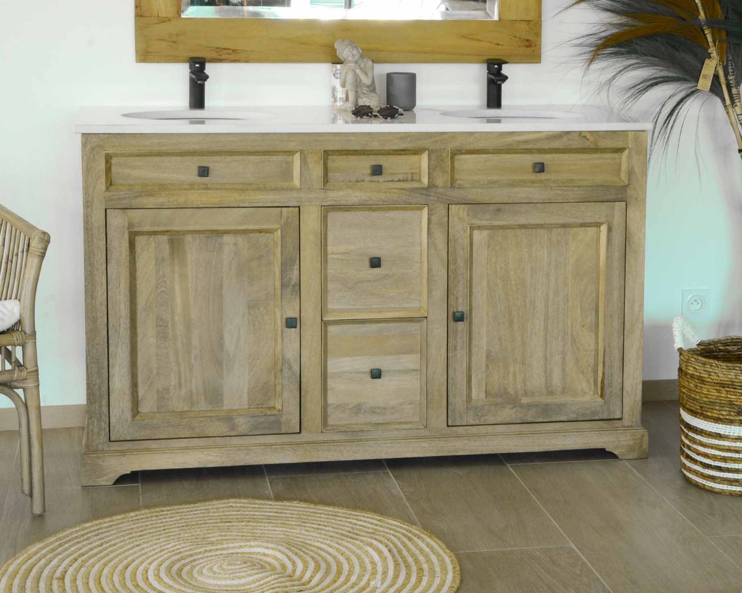 Meuble de salle de bain 2 vasques manguier et quartz blanc "Elégance"