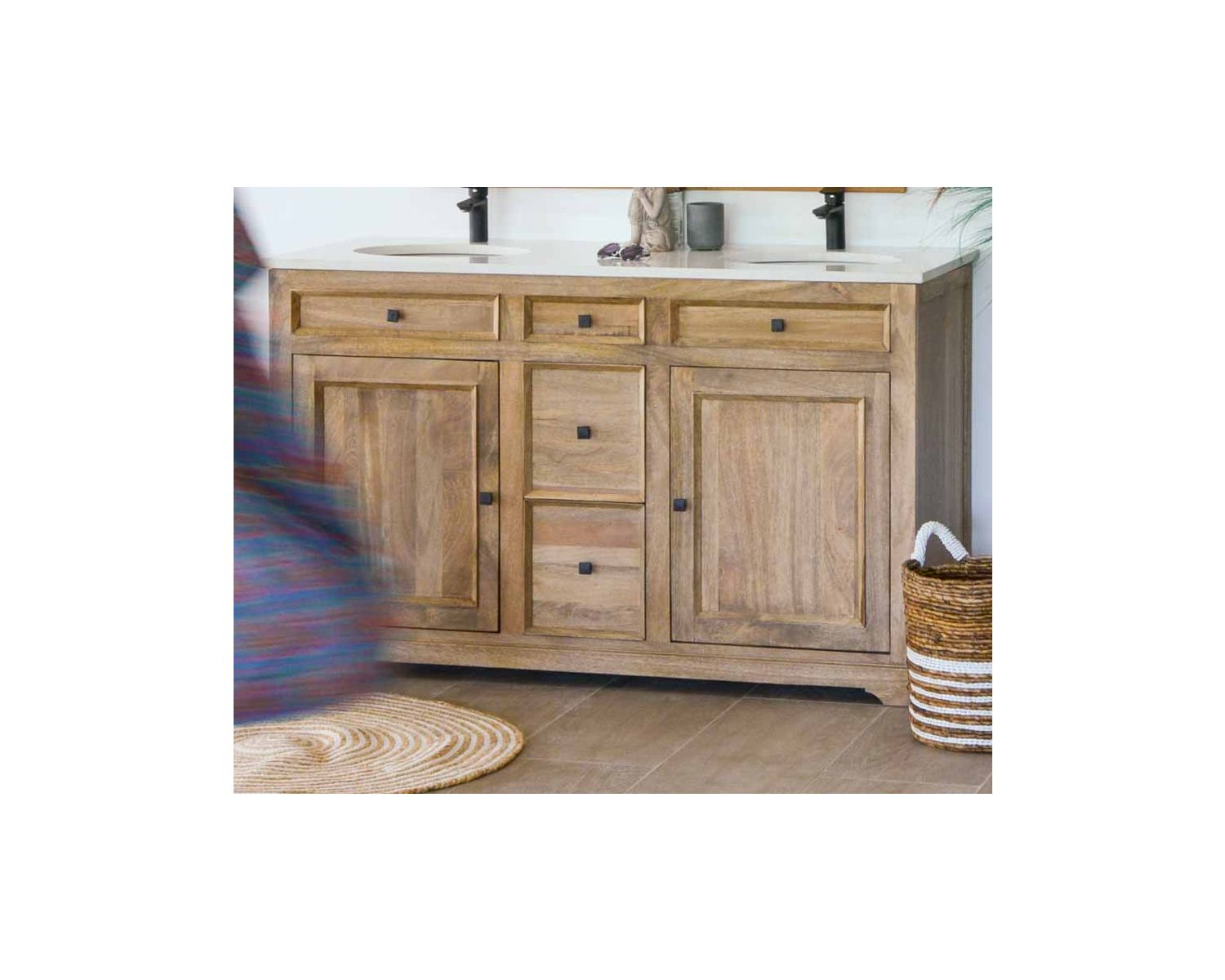 Meuble de salle de bain 2 vasques manguier et quartz blanc "Elégance"