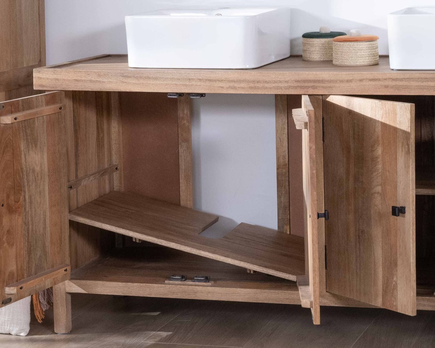 Meuble sous vasque double en manguier massif sablé 165cm "Maestro"
