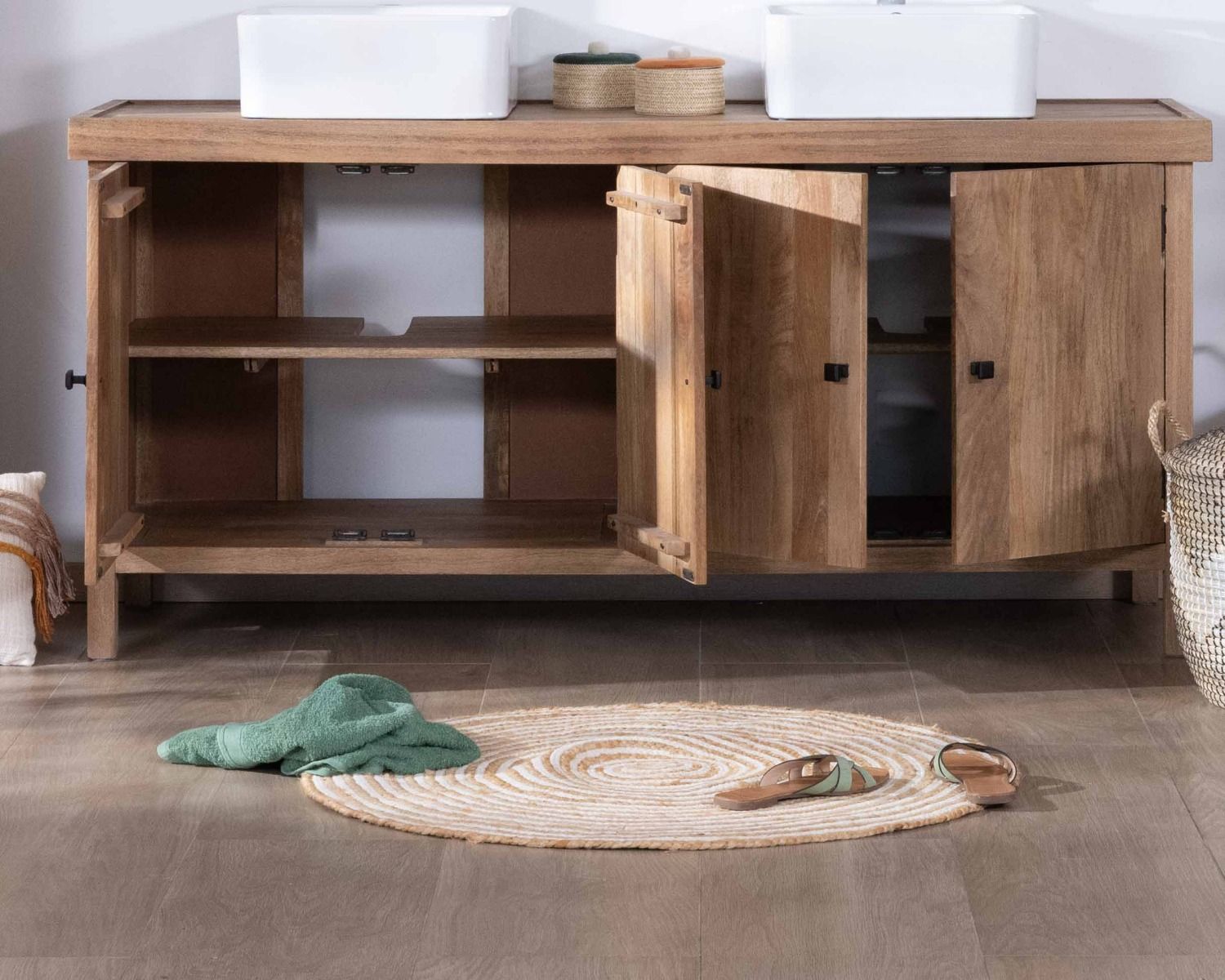 Meuble sous vasque double en manguier massif sablé 165cm "Maestro"