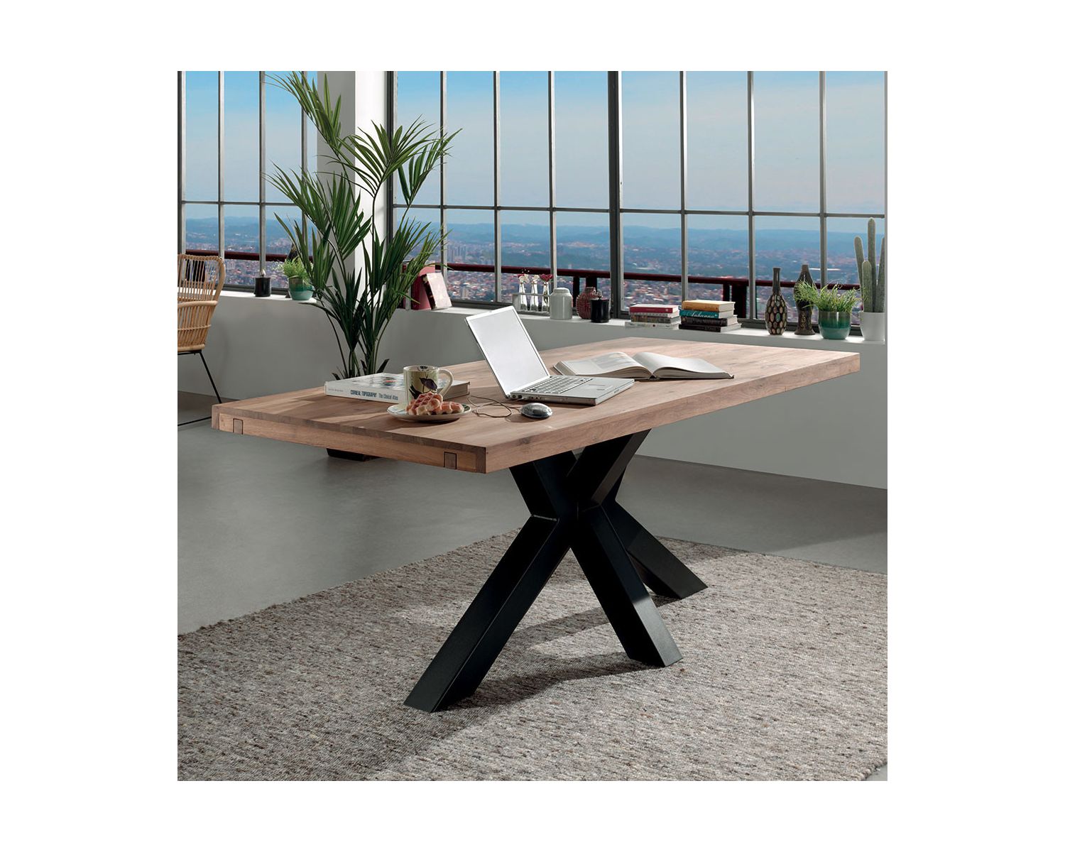 Table de repas 2m chêne massif pied central étoile noire "Smokey"