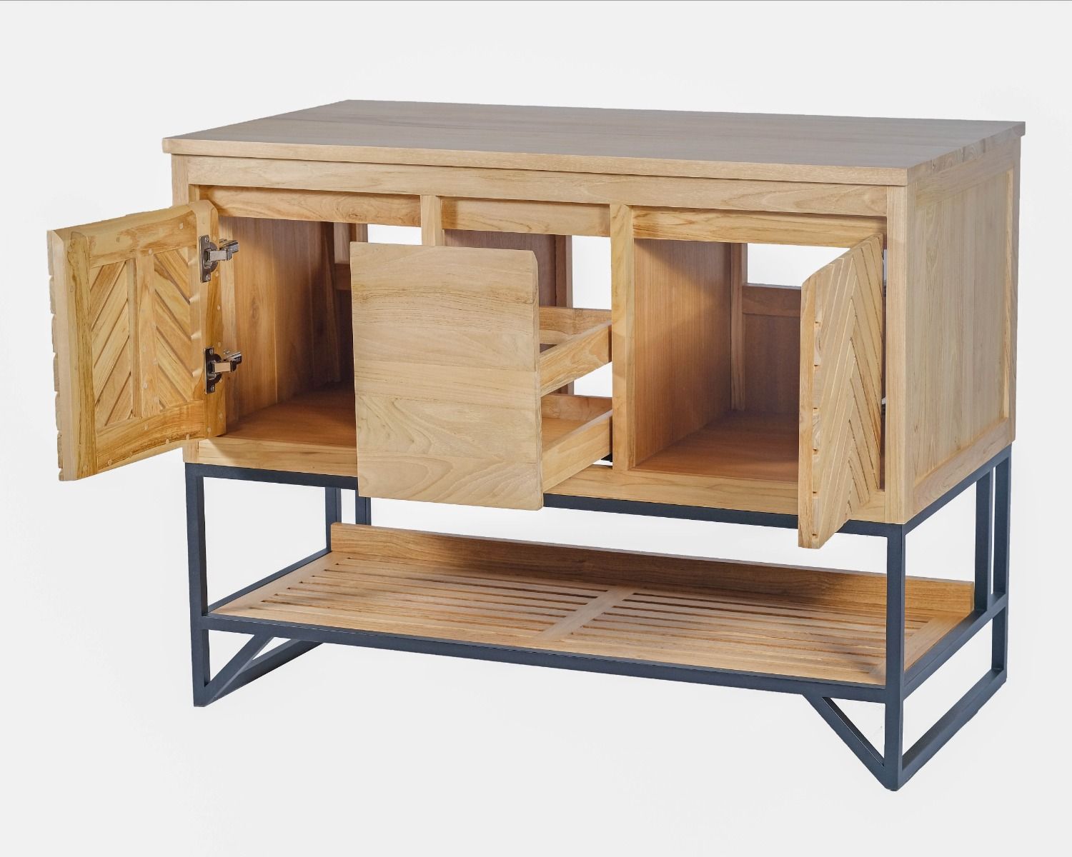Meuble sous vasque en teck pieds métal et étagère 105 cm "Cali"