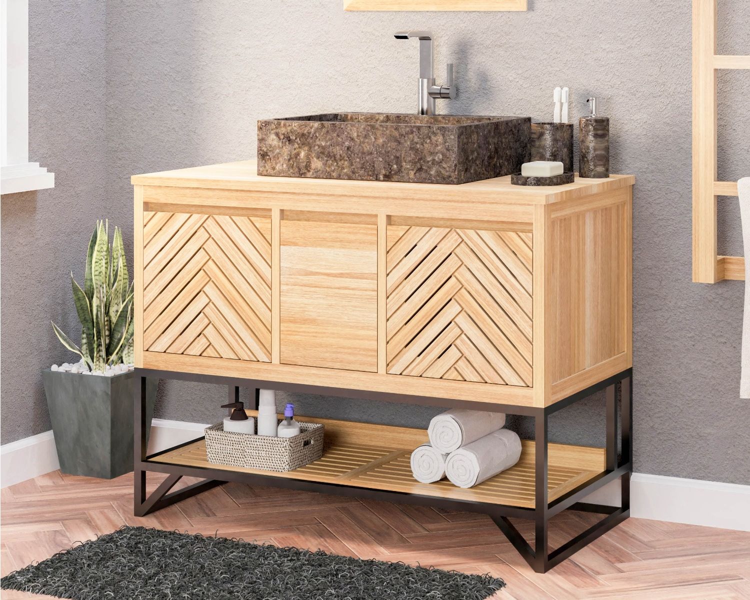 Meuble sous vasque en teck pieds métal et étagère 105 cm "Cali"