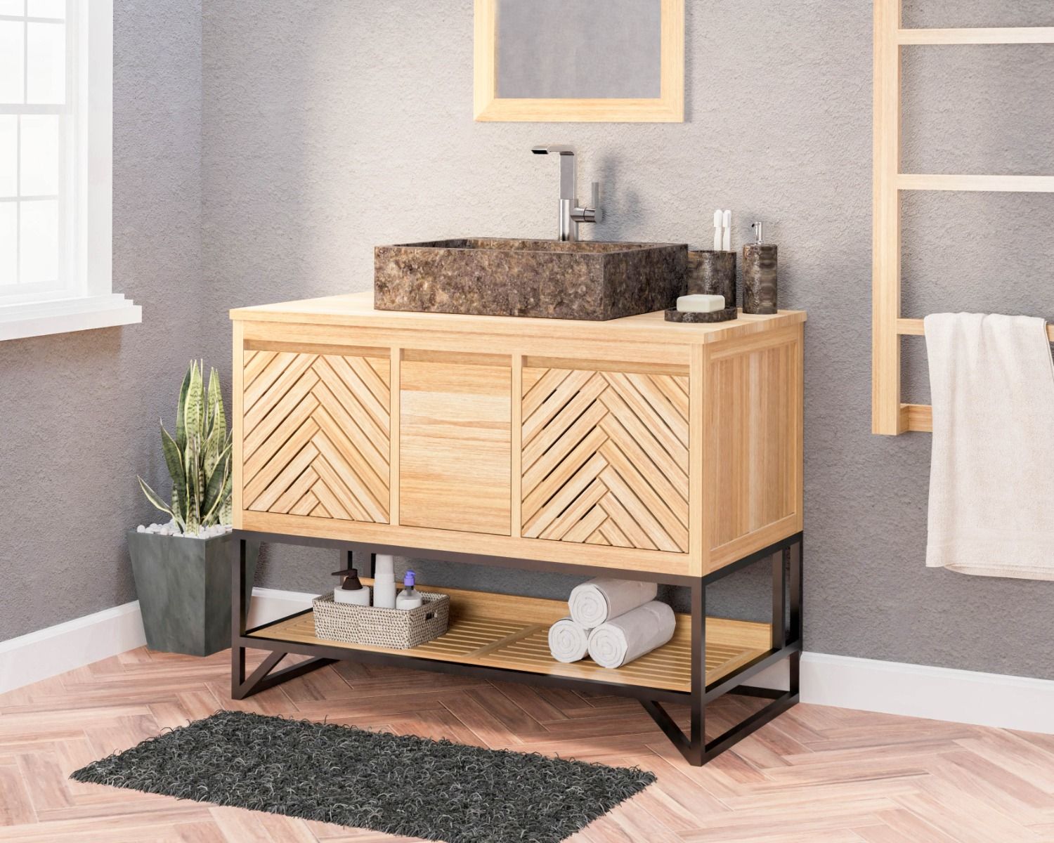 Meuble sous vasque en teck pieds métal et étagère 105 cm "Cali"