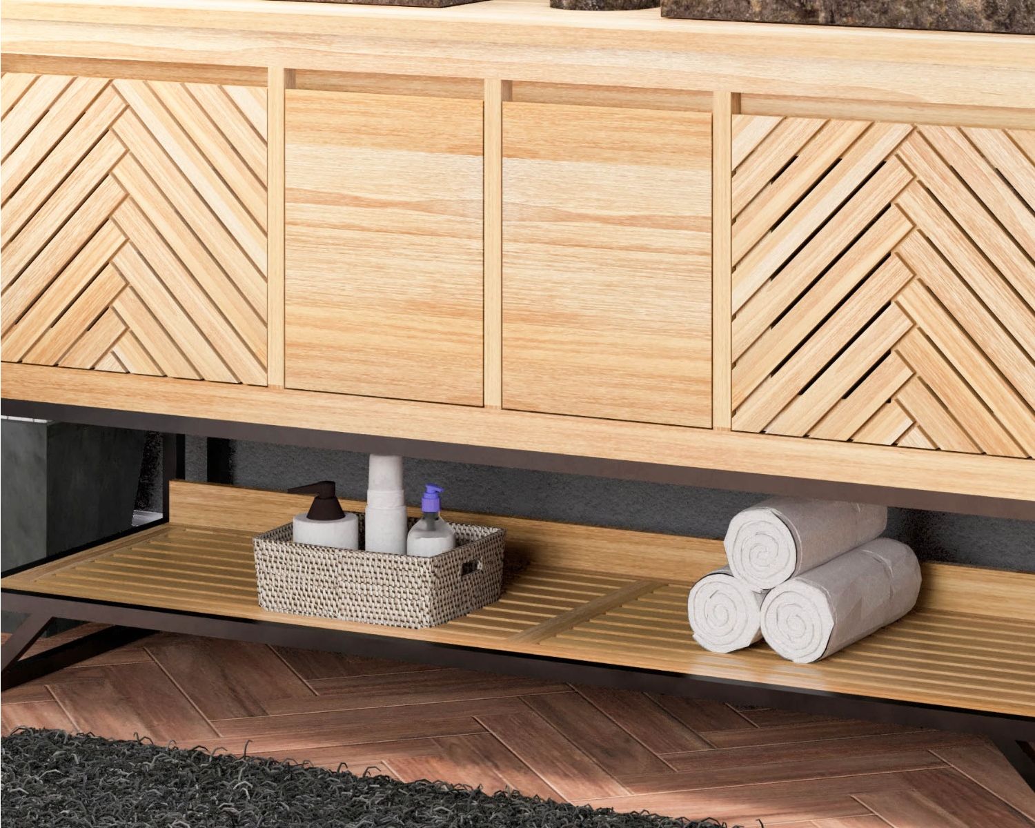 Meuble sous vasque en teck pieds métal et étagère 140 cm "Cali"