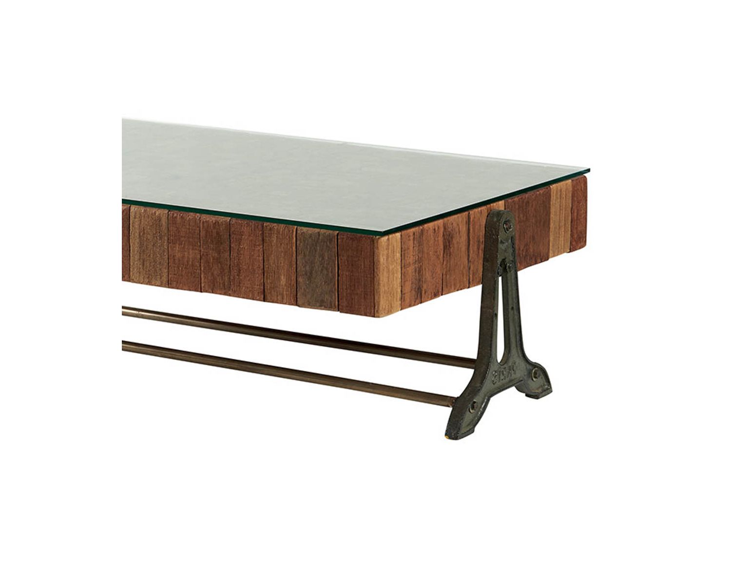 Table basse en teck recyclé naturel, métal et plateau en verre "Amki"