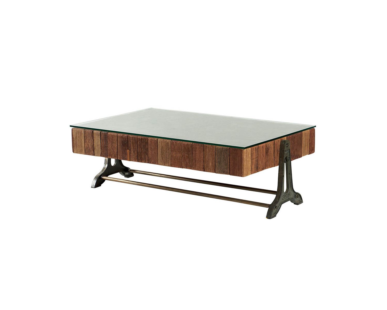 Table basse en teck recyclé naturel, métal et plateau en verre "Amki"