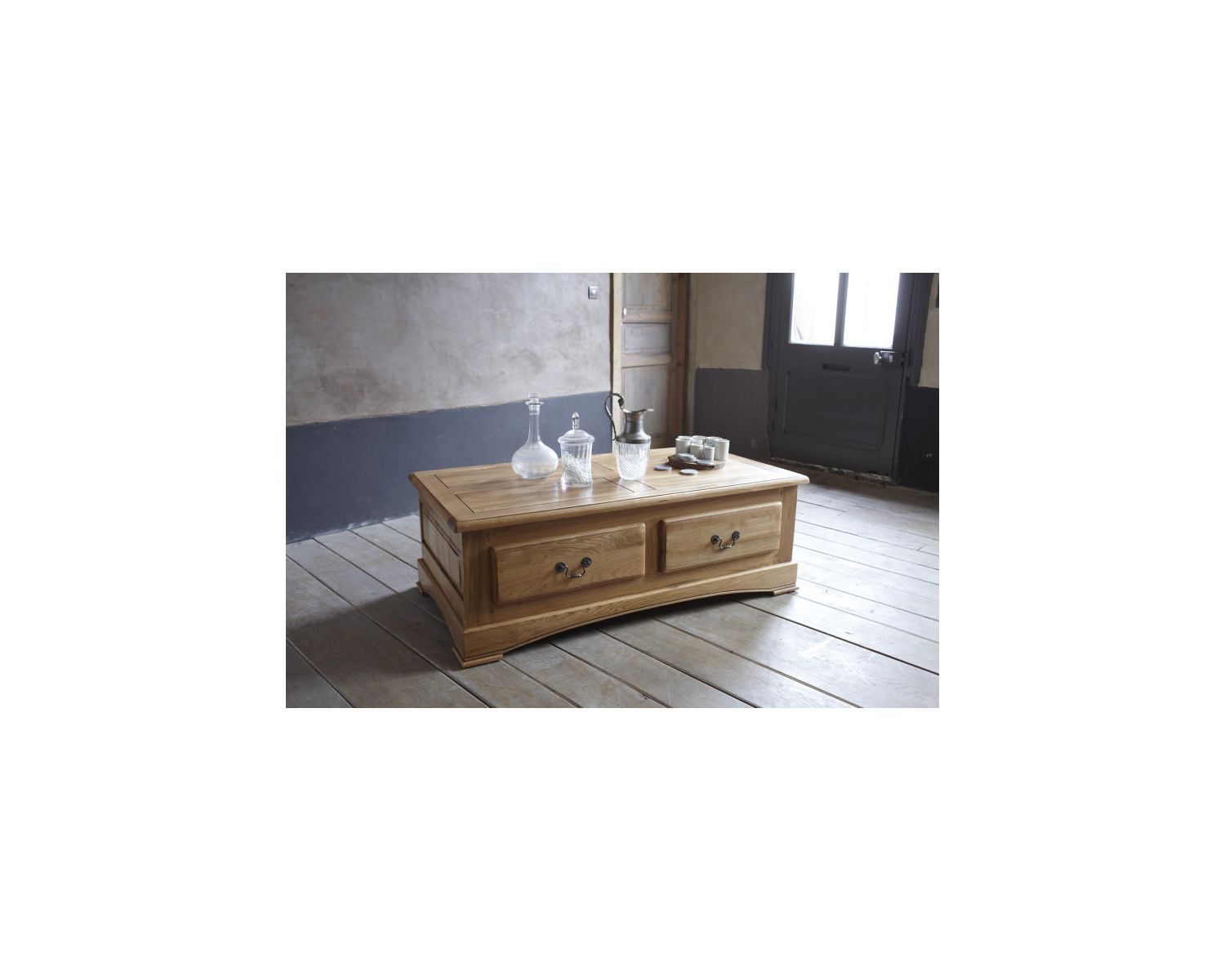 Table basse 2 tiroirs chêne massif "Antique"