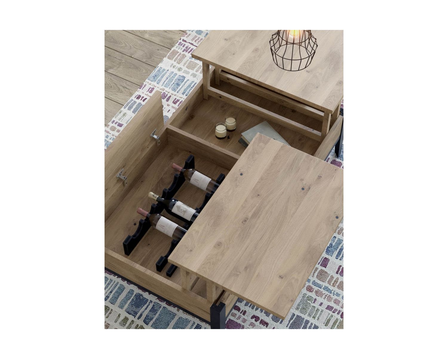 Table basse chêne métal avec plateaux élévateurs "Breeze" retour droit