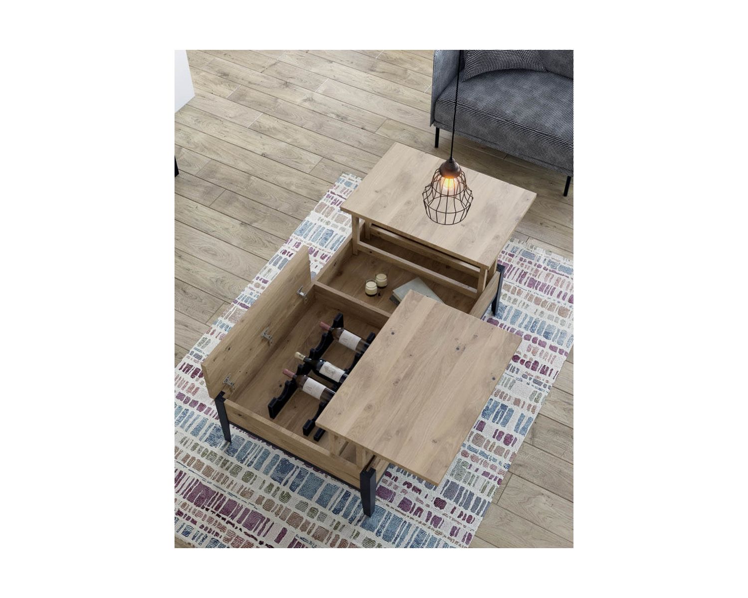 Table basse chêne métal avec plateaux élévateurs "Breeze" retour droit