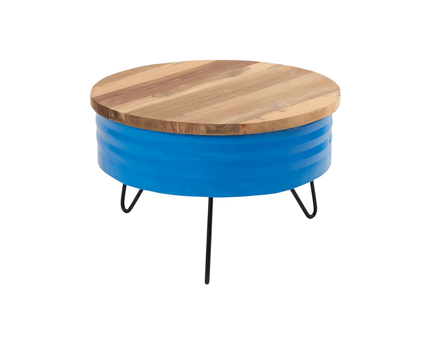 Table basse ronde industrielle en teck et métal bleu