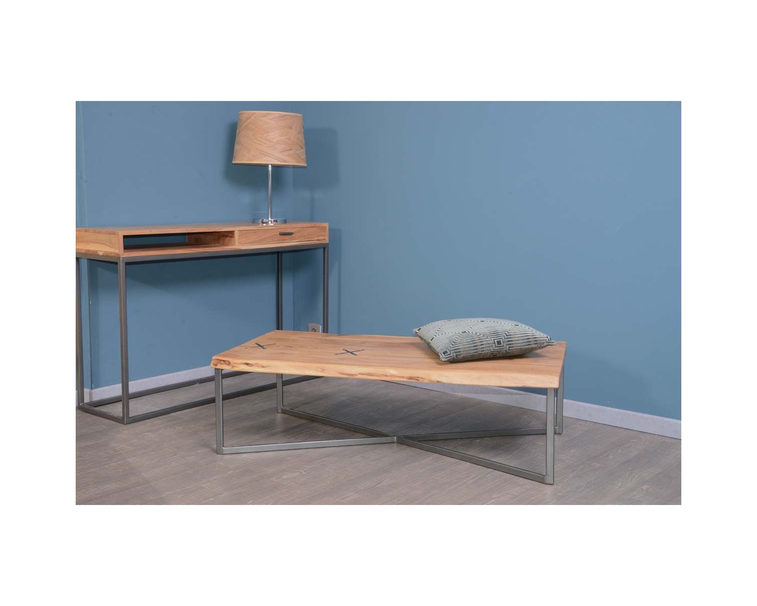 Table basse tronc rectangulaire métal et bois 117 cm "Zen"