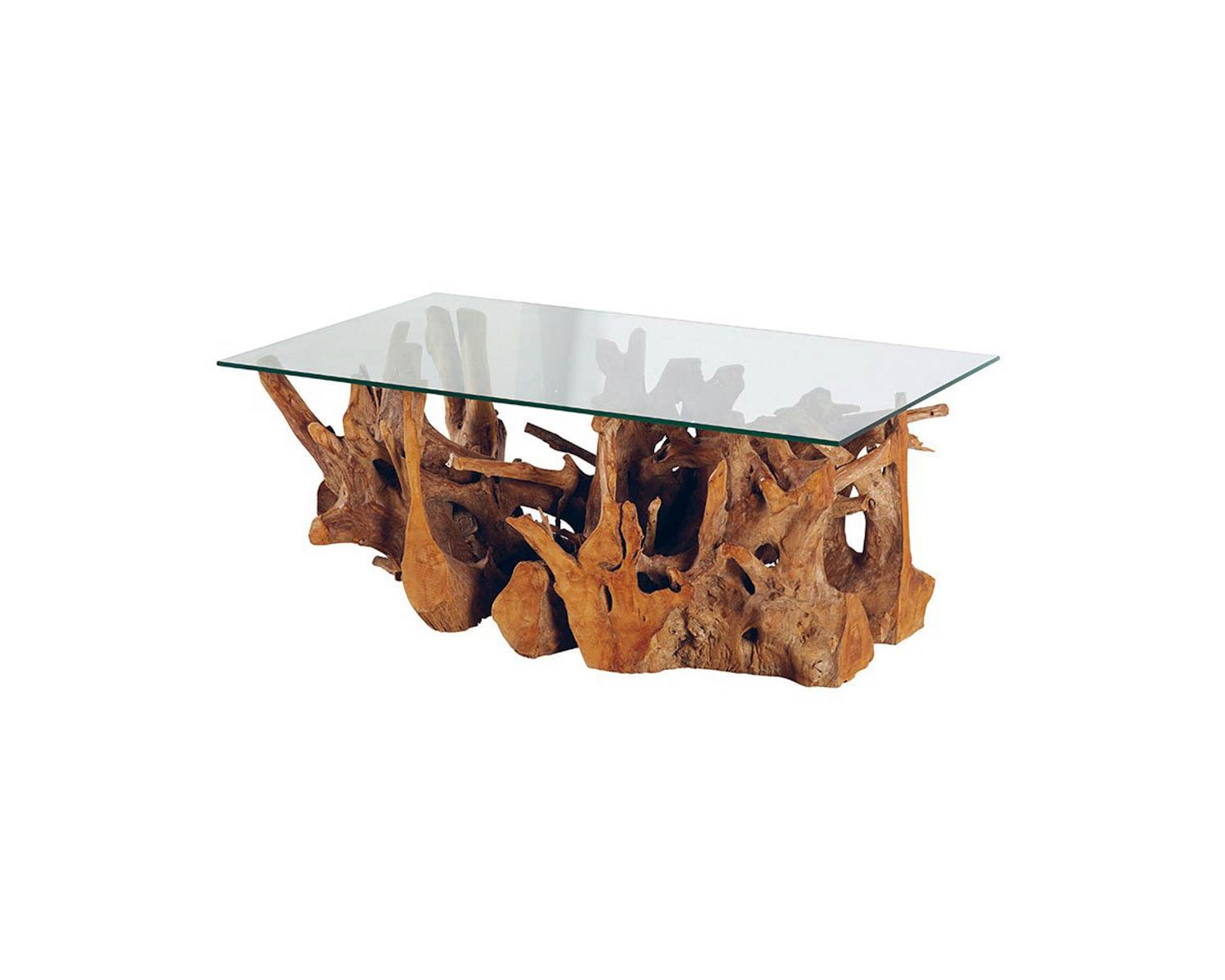 Table basse de jardin avec plateau en verre et pied en teck "Under the sun"