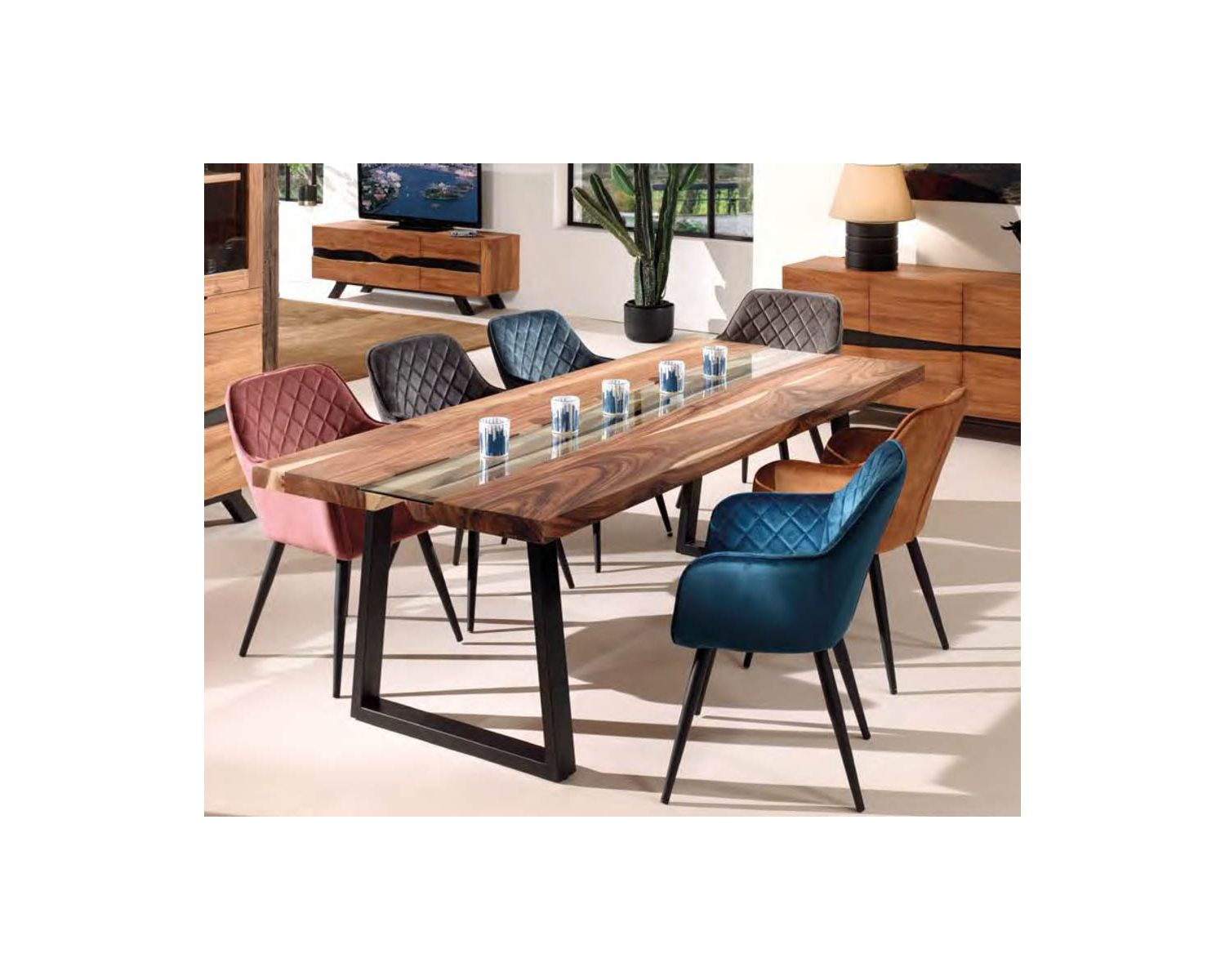 Table à manger moderne en bois de suar, verre et métal 240 cm "Zenia"