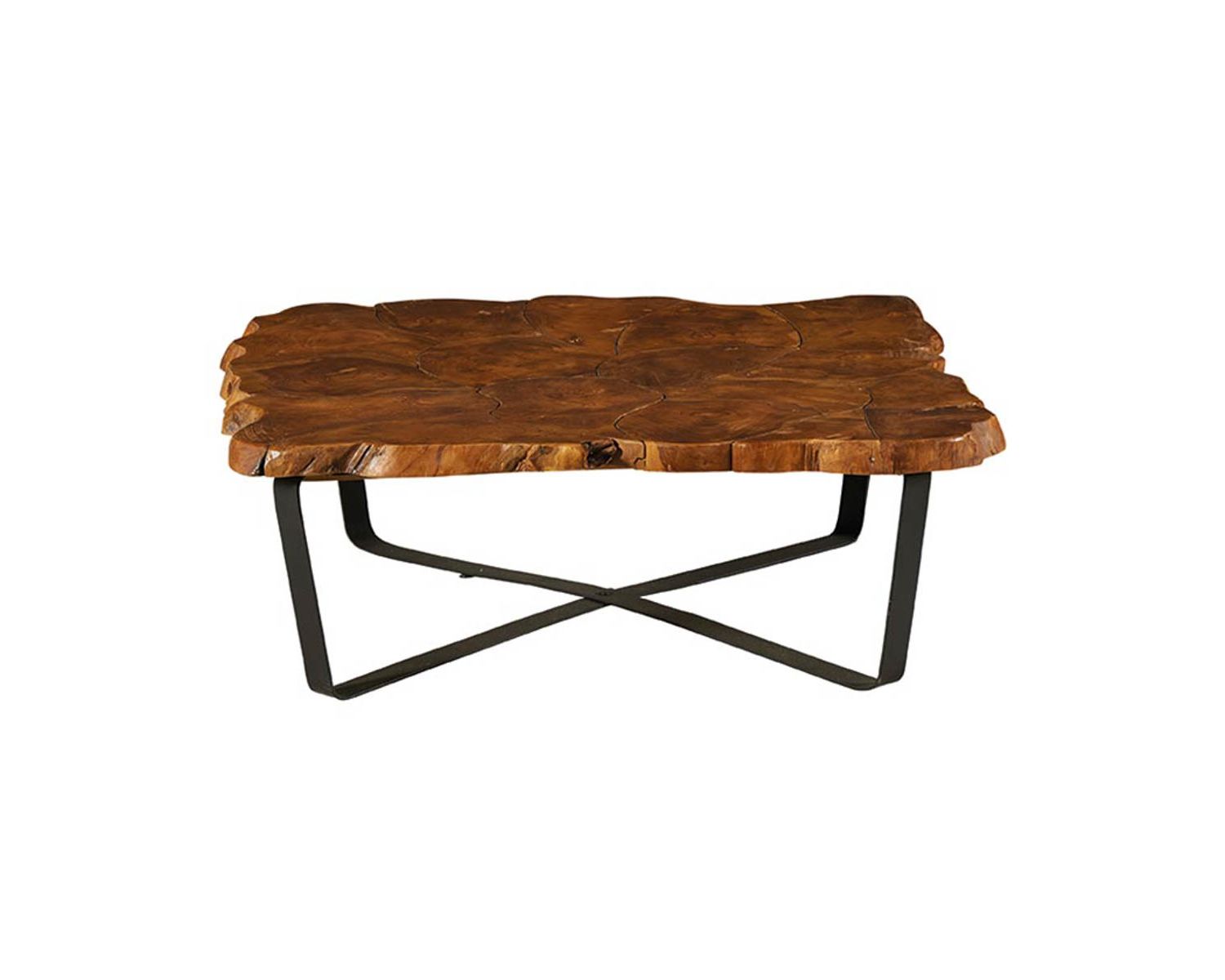 Table basse carrée plateau teck recyclé pieds métal croisés "Palaos"