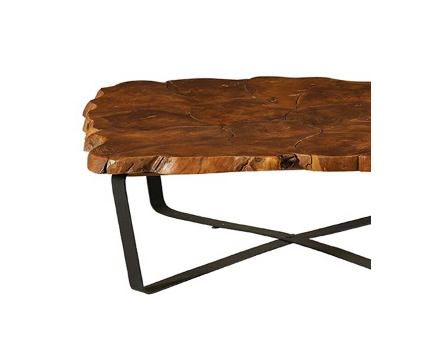 Table basse carrée plateau teck recyclé pieds métal croisés "Palaos"