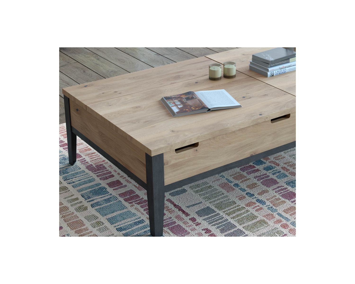 Table basse chêne métal avec plateaux élévateurs "Breeze" retour droit