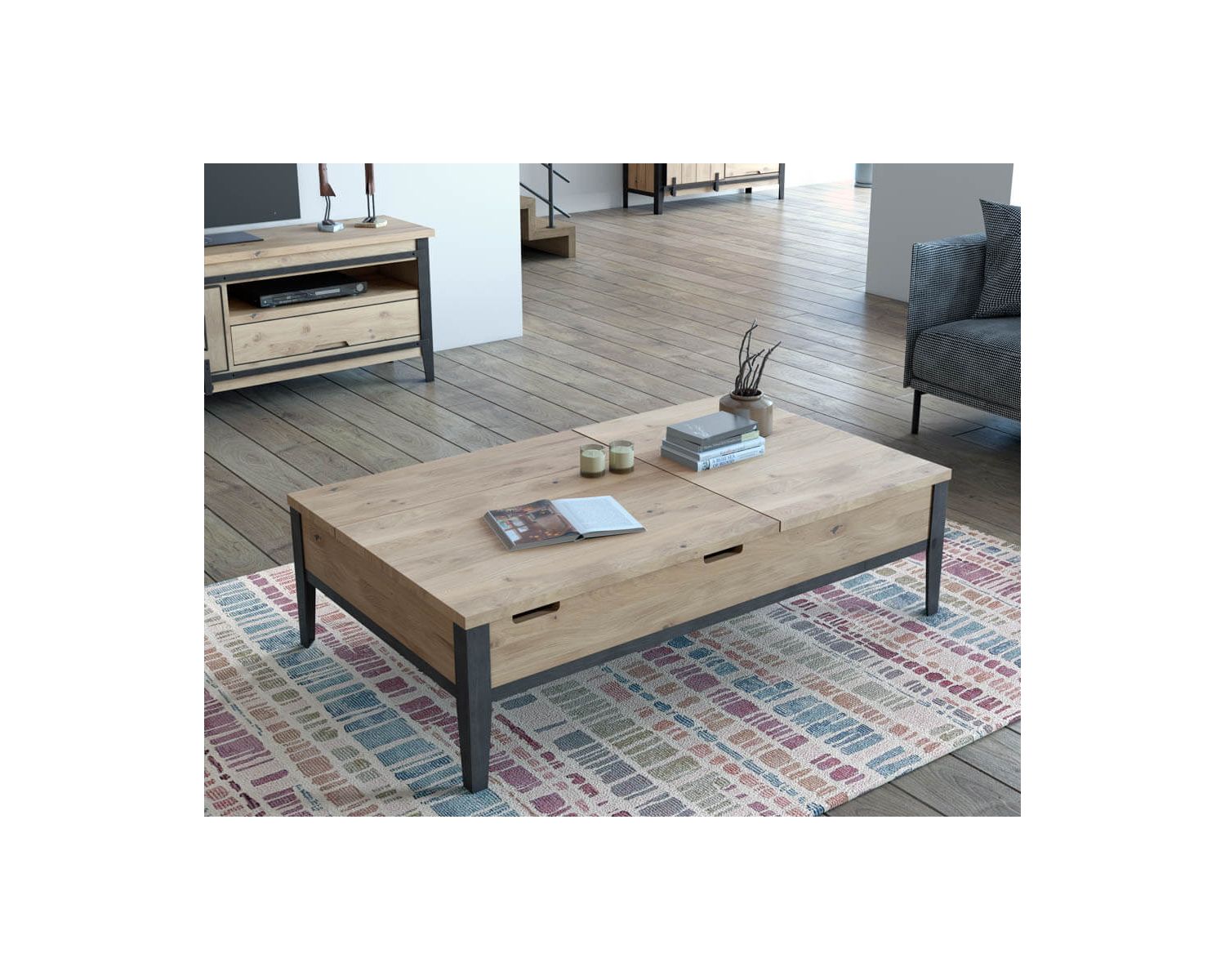 Table basse chêne métal avec plateaux élévateurs "Breeze" retour droit