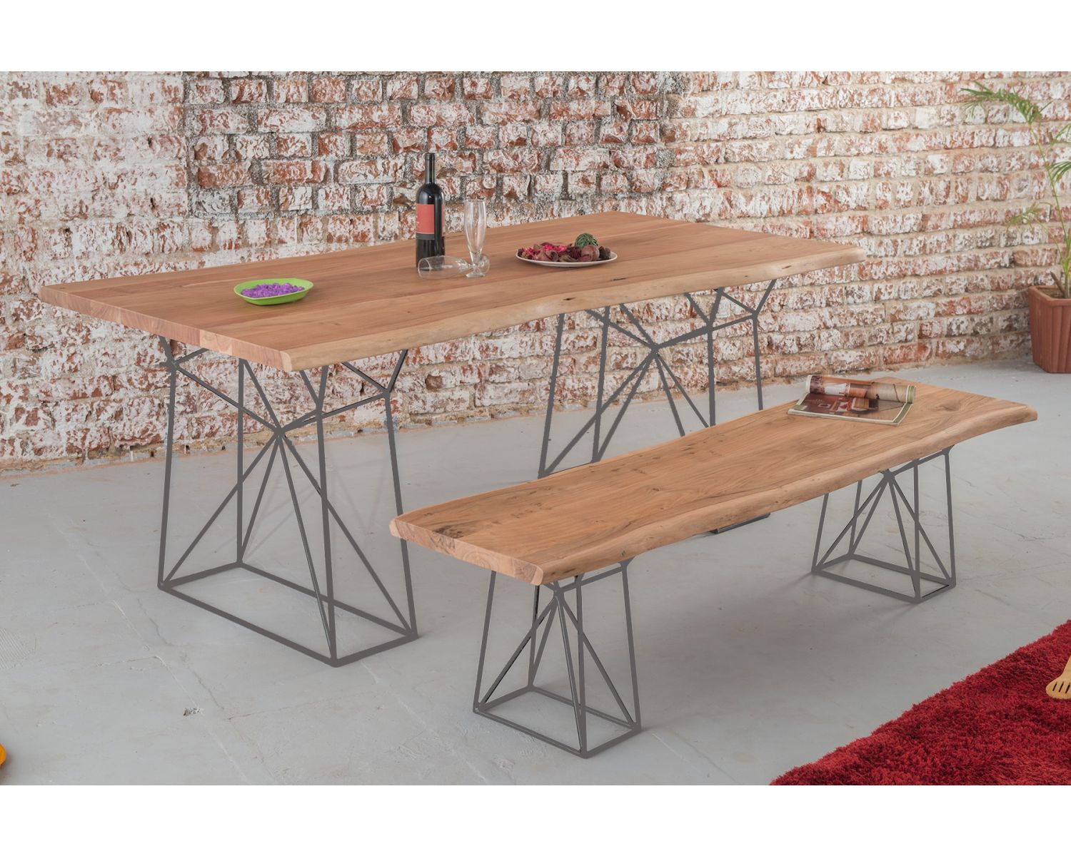 Banc bois massif et pieds métal gris  "Zen"