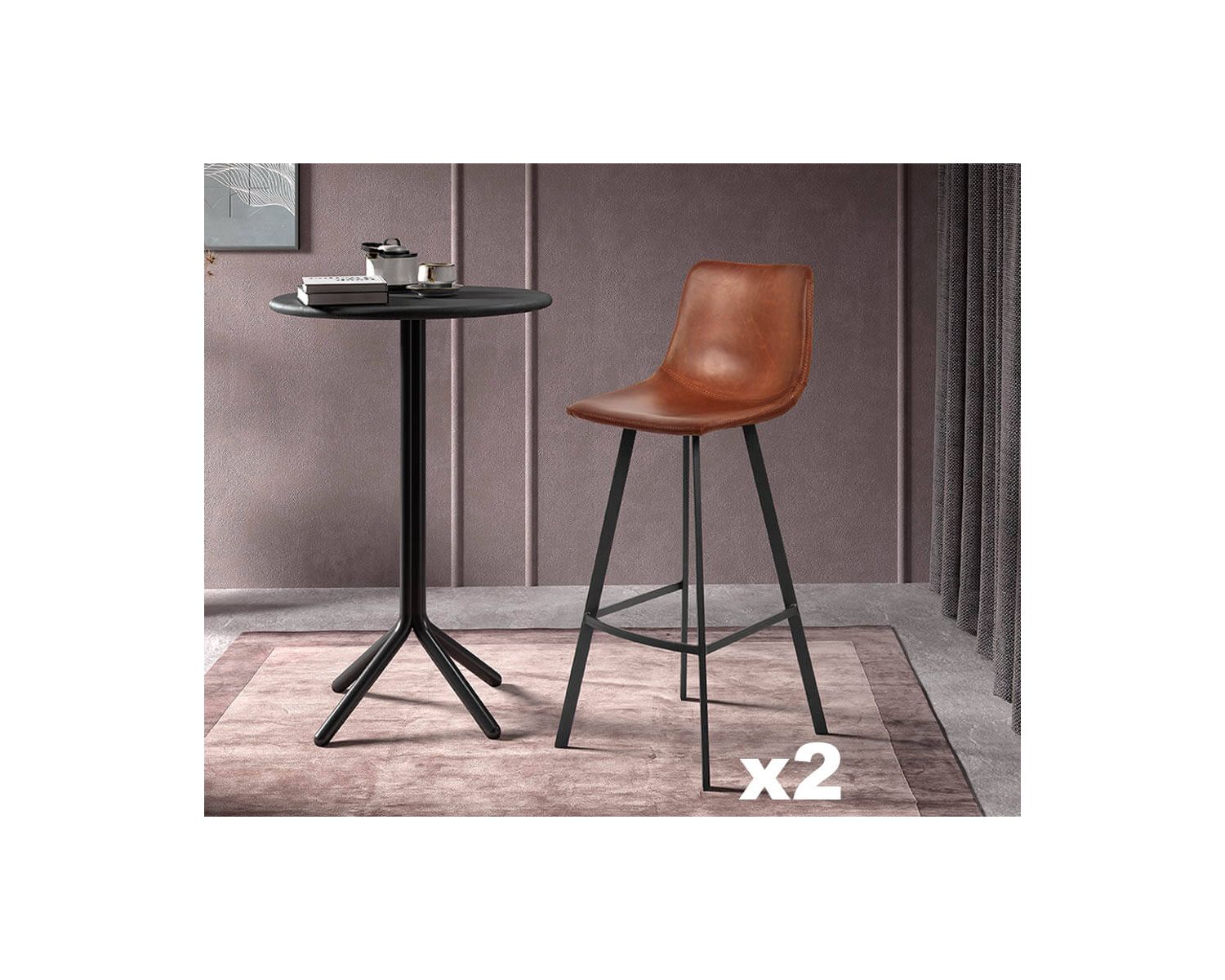 Lot de 2 chaises hautes esprit factory PU cognac et métal noir "For"