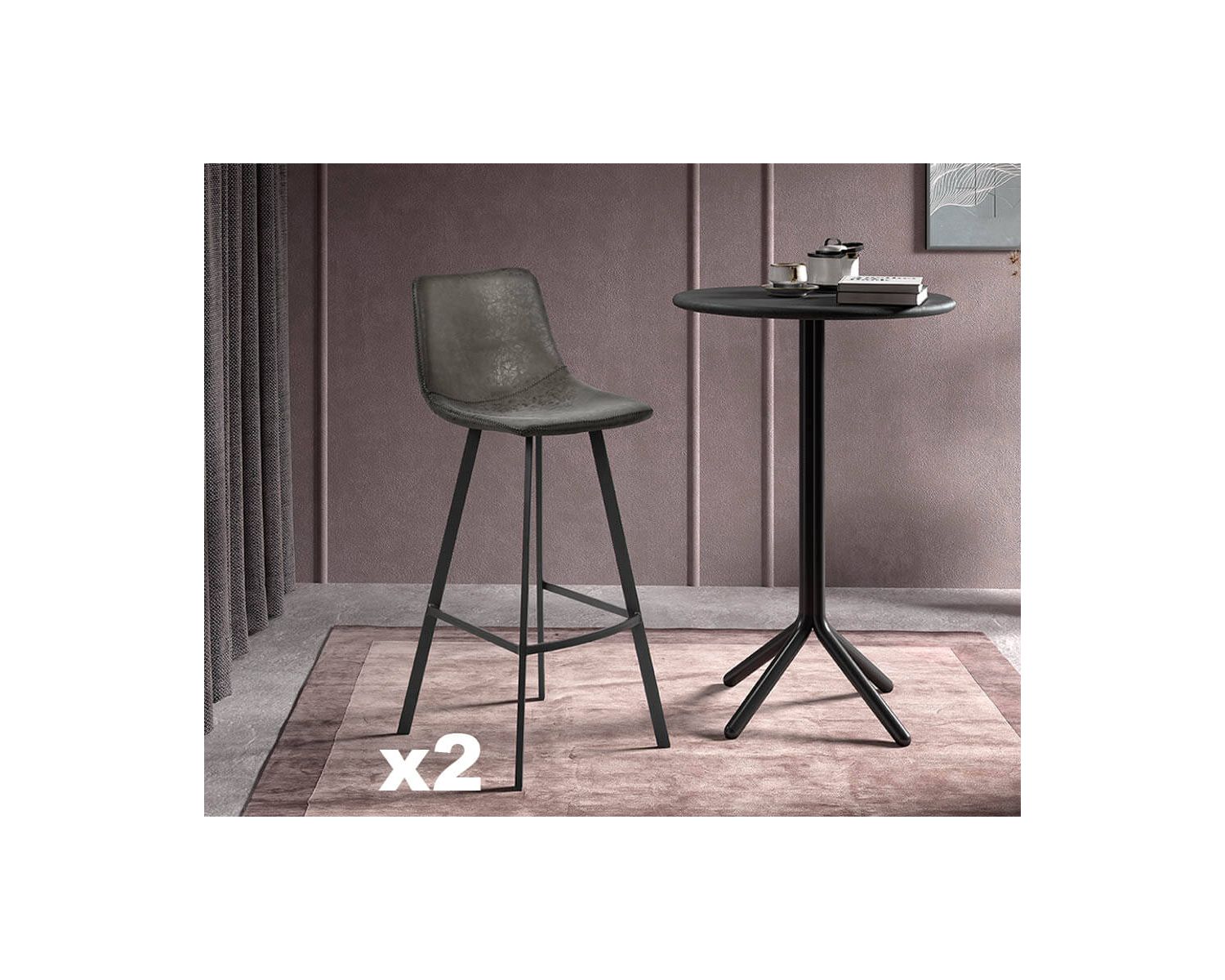 Lot de 2 chaises hautes style indus’ vintage PU gris métal noir "For"