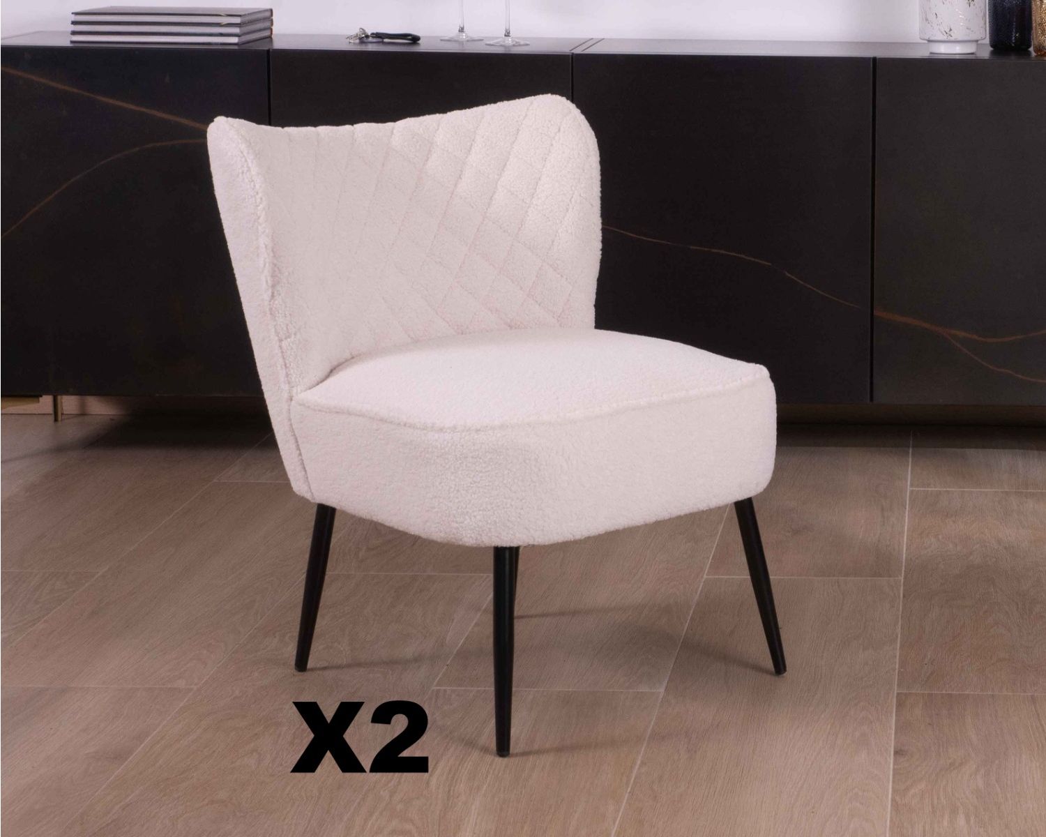 Lot de 2 fauteuils blancs tissu bouclette style scandinave "Deka"