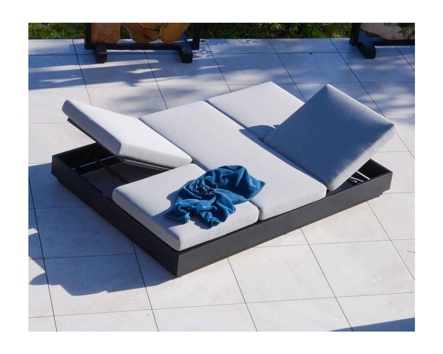 Transat de jardin 2 places tissu gris et alu anthracite "Lisboa"
