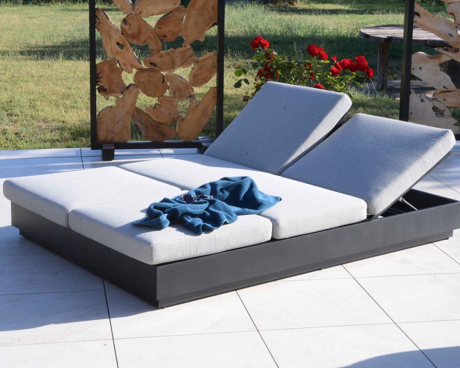 Transat de jardin 2 places tissu gris et alu anthracite "Lisboa"