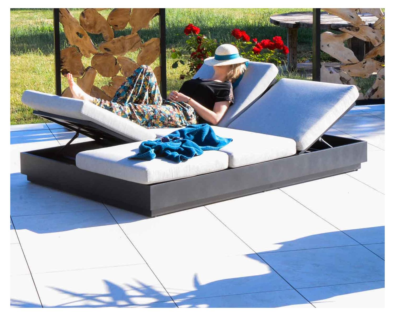 Transat de jardin 2 places tissu gris et alu anthracite "Lisboa"