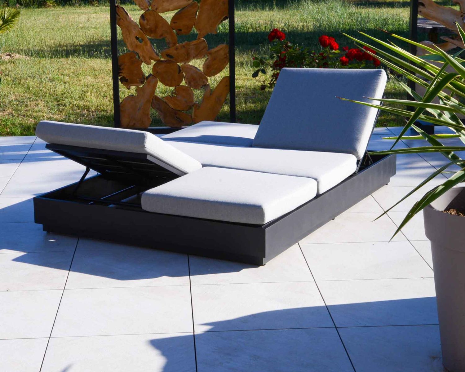 Transat de jardin 2 places tissu gris et alu anthracite "Lisboa"