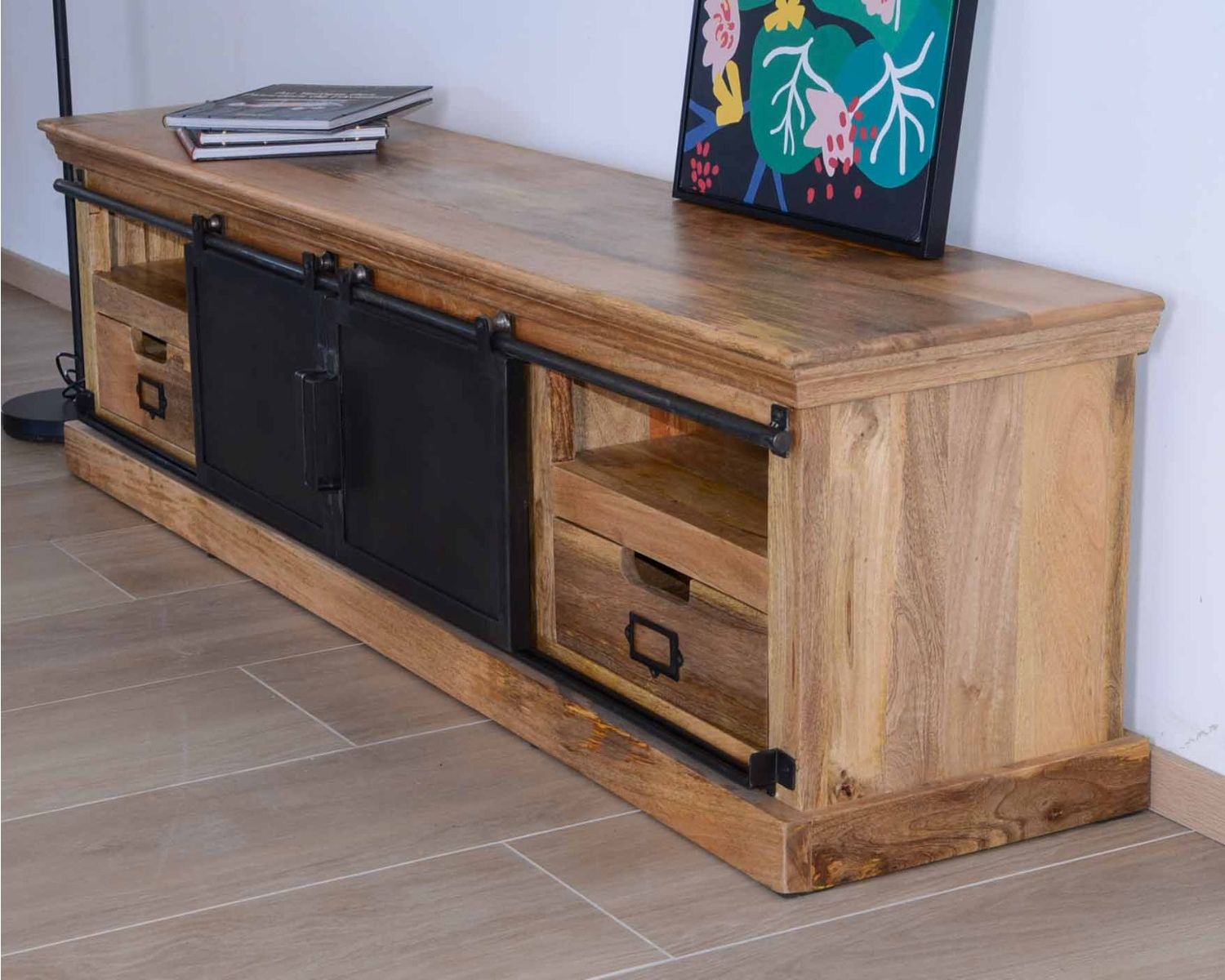 Grand meuble TV bas 180cm bois naturel massif et métal gris "Haden"