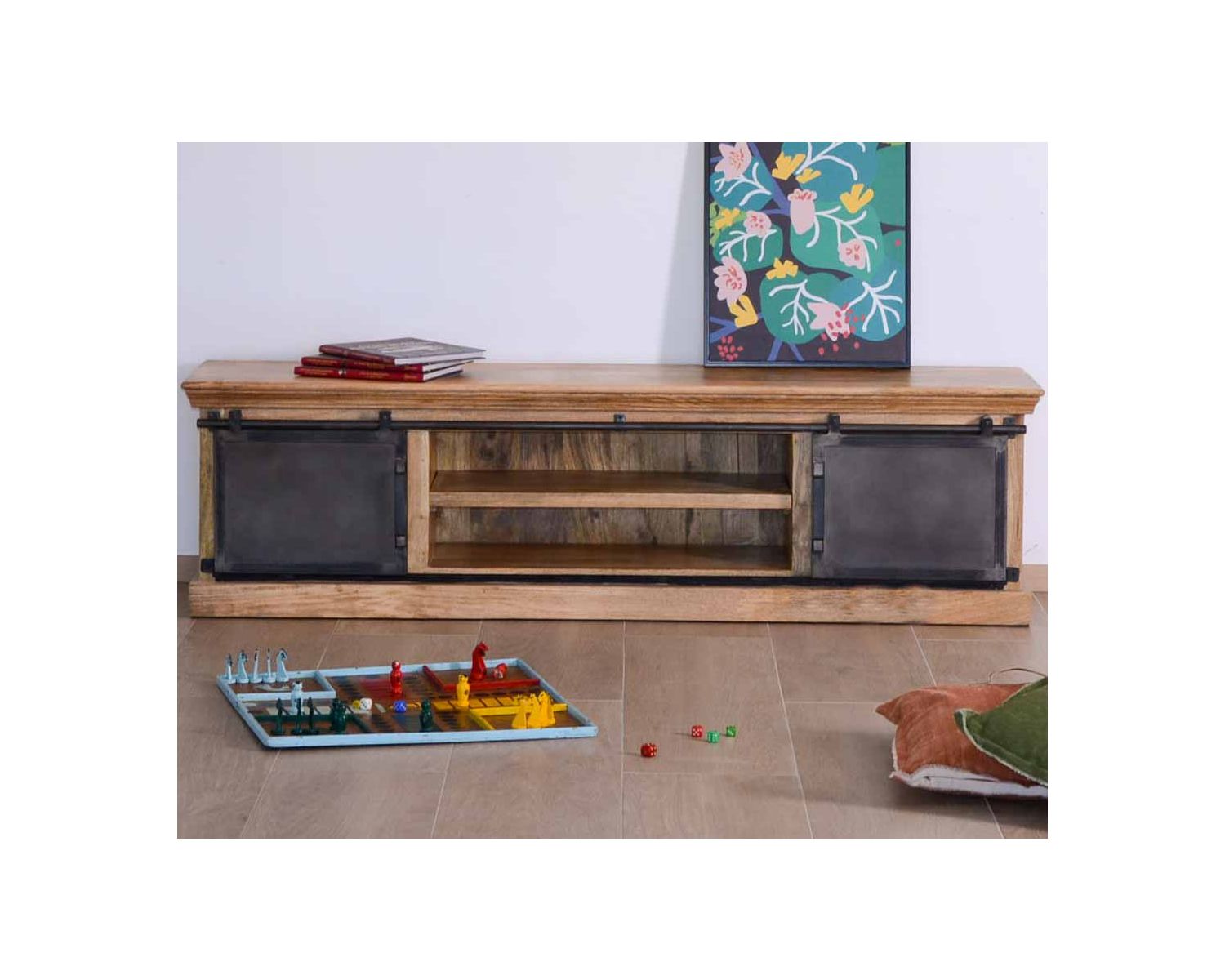 Grand meuble TV bas 180cm bois naturel massif et métal gris "Haden"