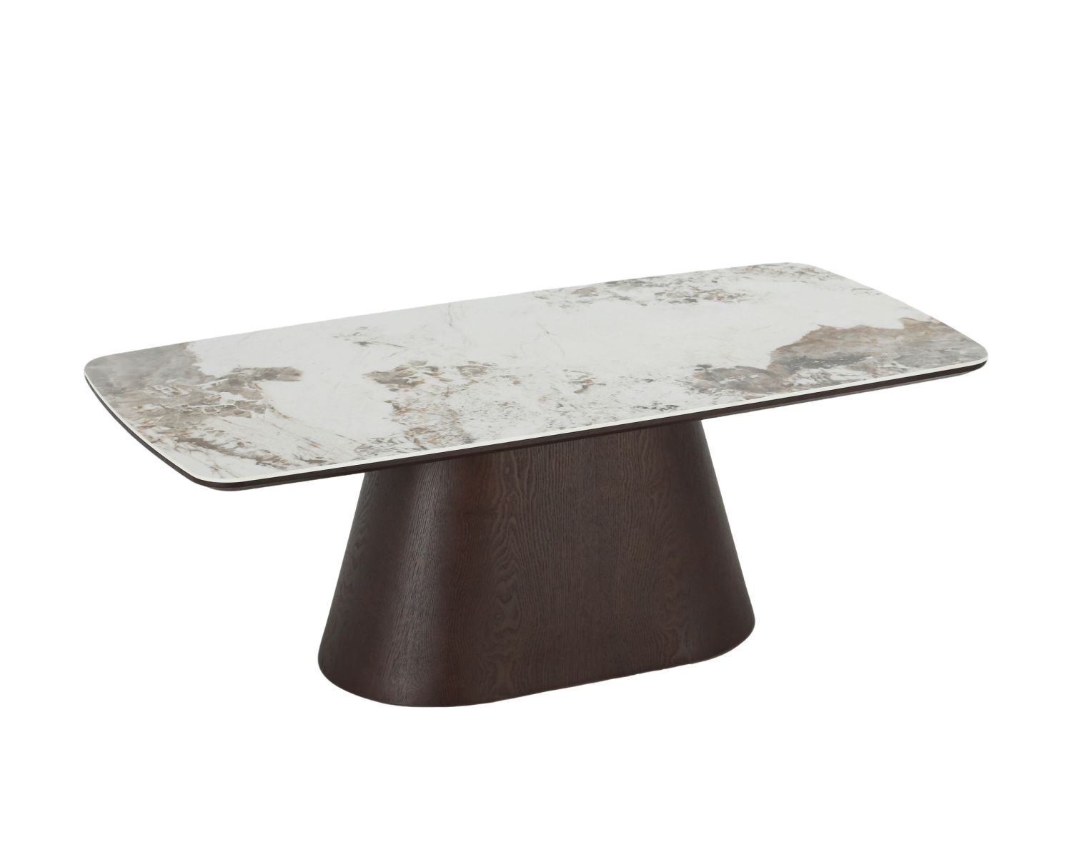 Table basse plateau céramique effet pierre naturelle "Oria" pied central aspect wengé