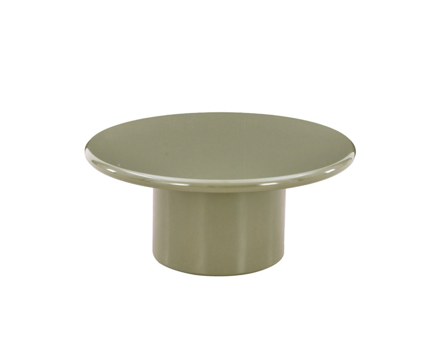 Table basse ronde 80 cm design minimaliste vert sauge laqué "Nalya" à pied central