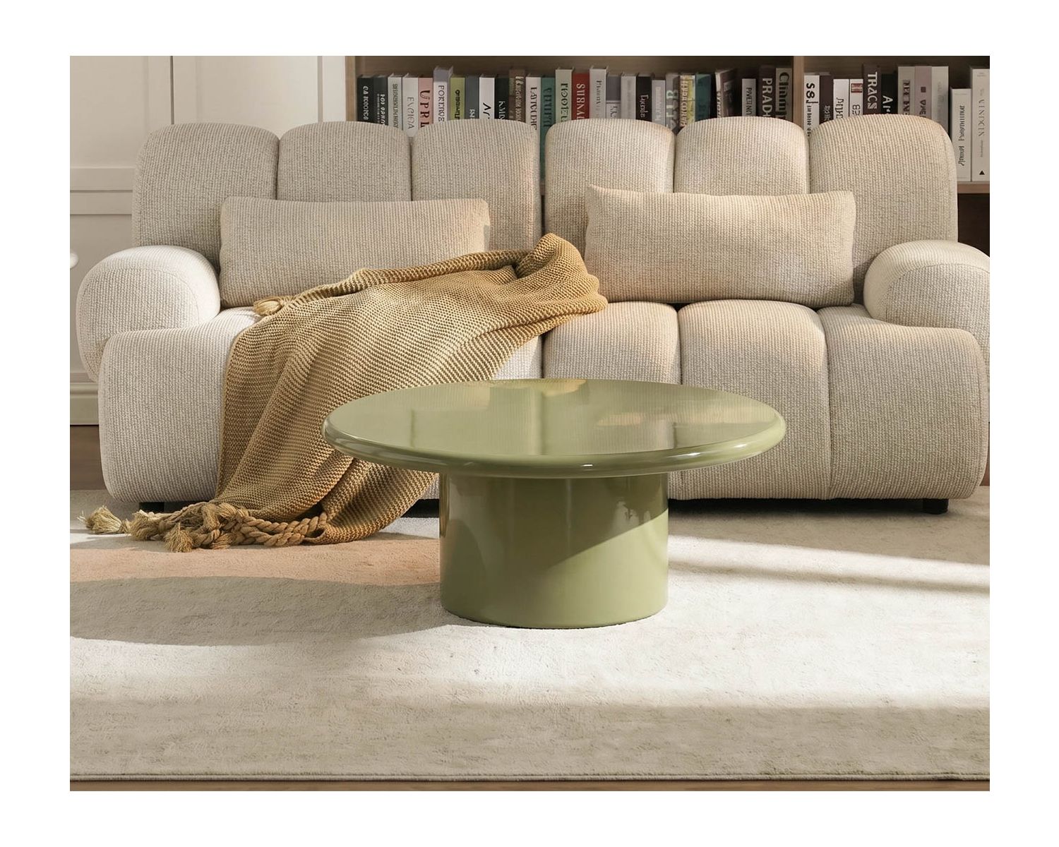 Table basse ronde 80 cm design minimaliste vert sauge laqué "Nalya" à pied central