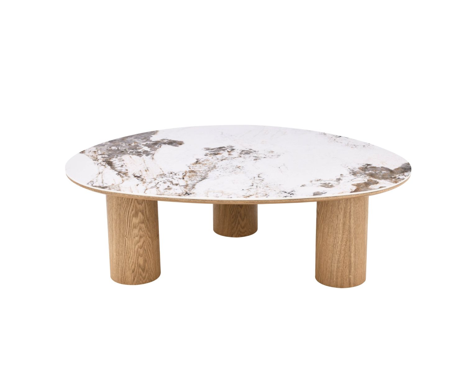 Table basse plateau céramique effet pierre naturelle "Oria" forme organique et pieds aspect chêne