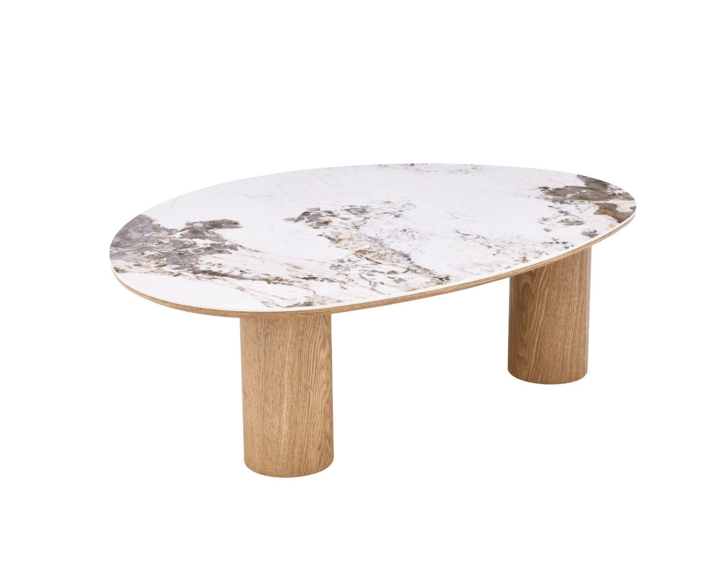 Table basse plateau céramique effet pierre naturelle "Oria" forme organique et pieds aspect chêne