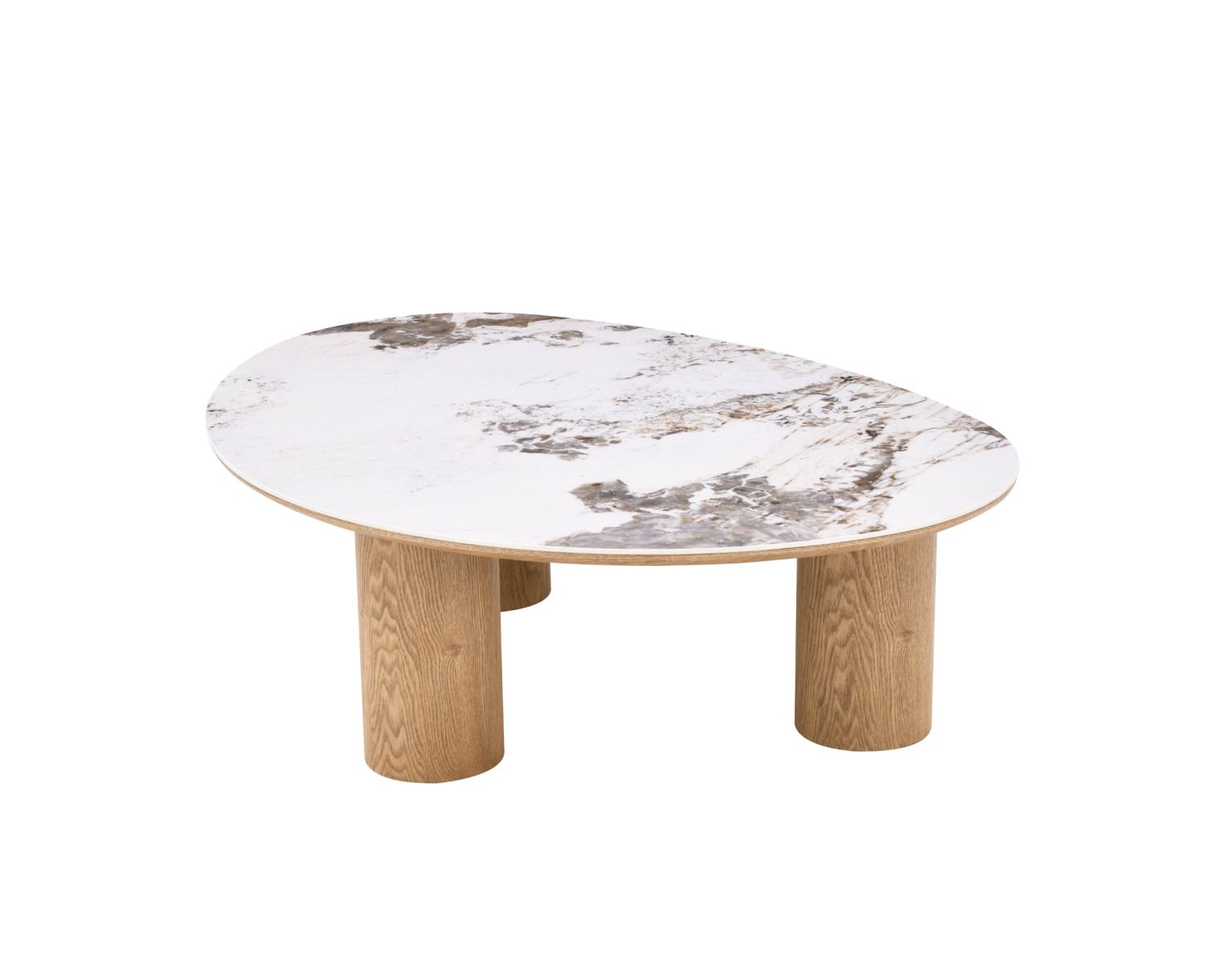 Table basse plateau céramique effet pierre naturelle "Oria" forme organique et pieds aspect chêne