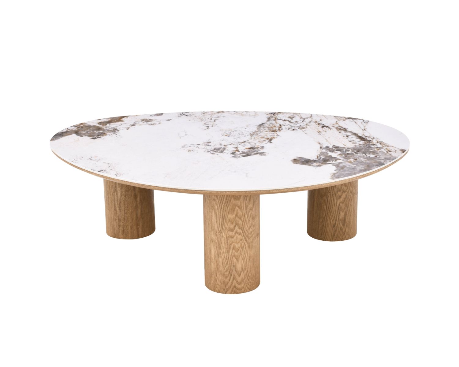 Table basse plateau céramique effet pierre naturelle "Oria" forme organique et pieds aspect chêne