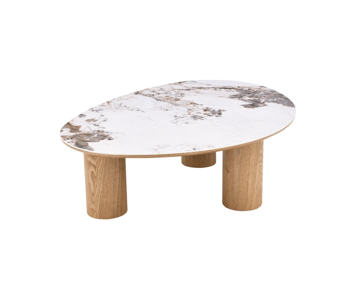 Table basse plateau céramique effet pierre naturelle "Oria" forme organique et pieds aspect chêne