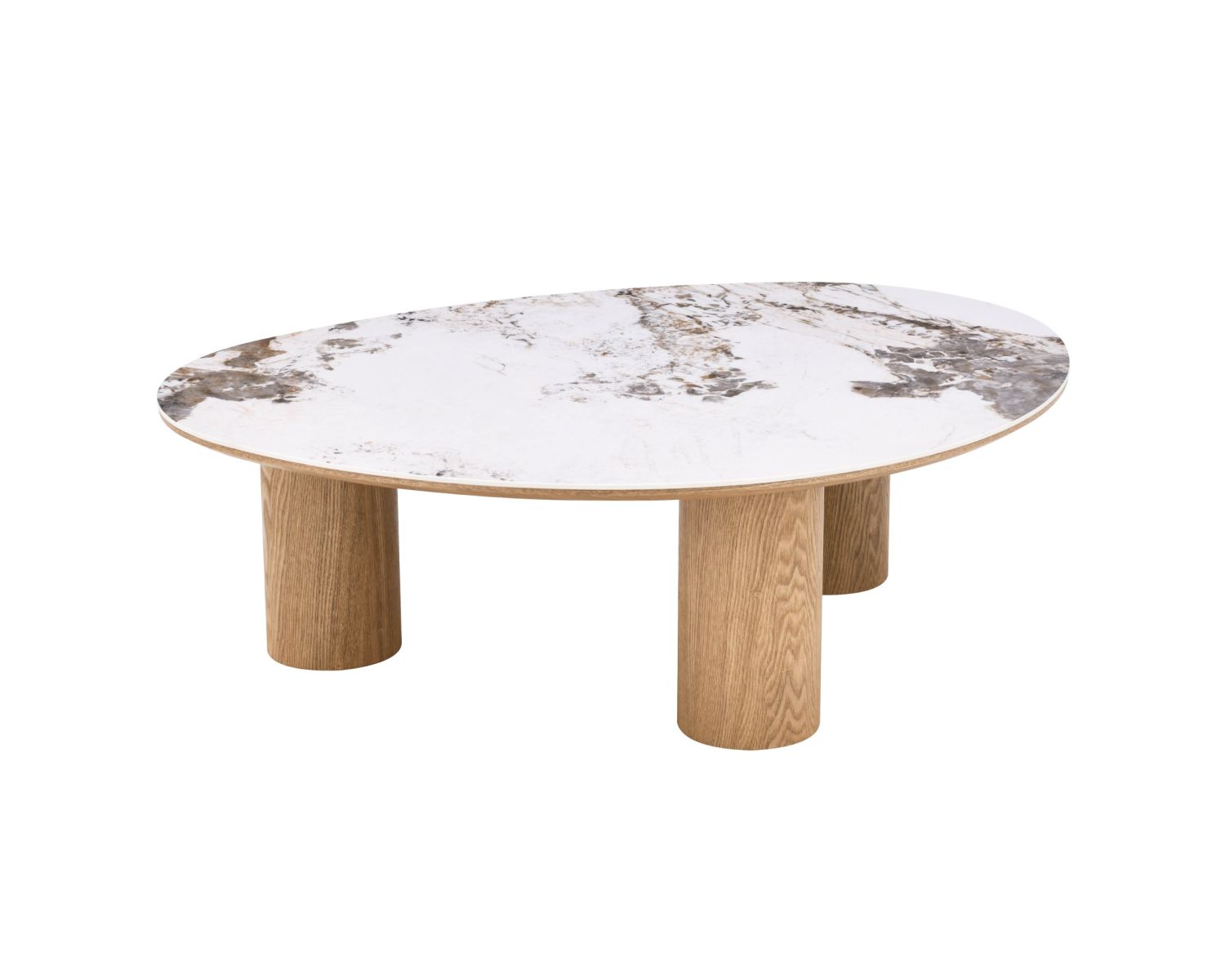Table basse plateau céramique effet pierre naturelle "Oria" forme organique et pieds aspect chêne