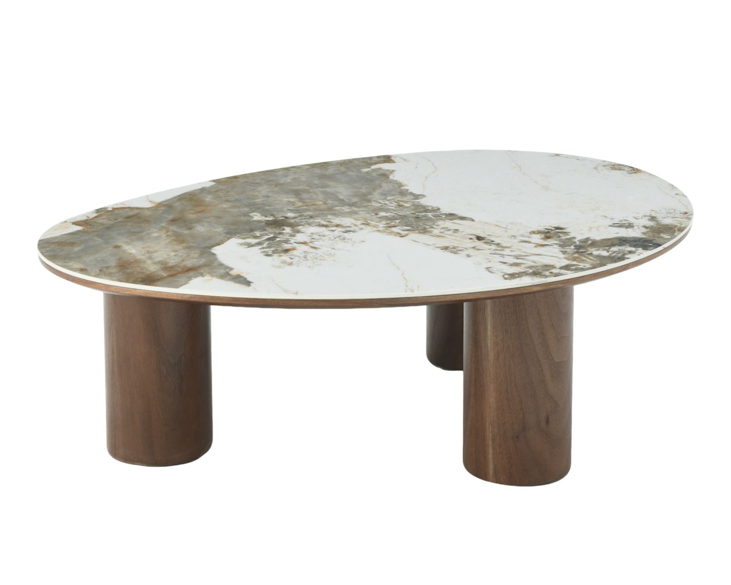 Table basse design forme organique "Oria" plateau céramique et pieds cylindres teinte noyer