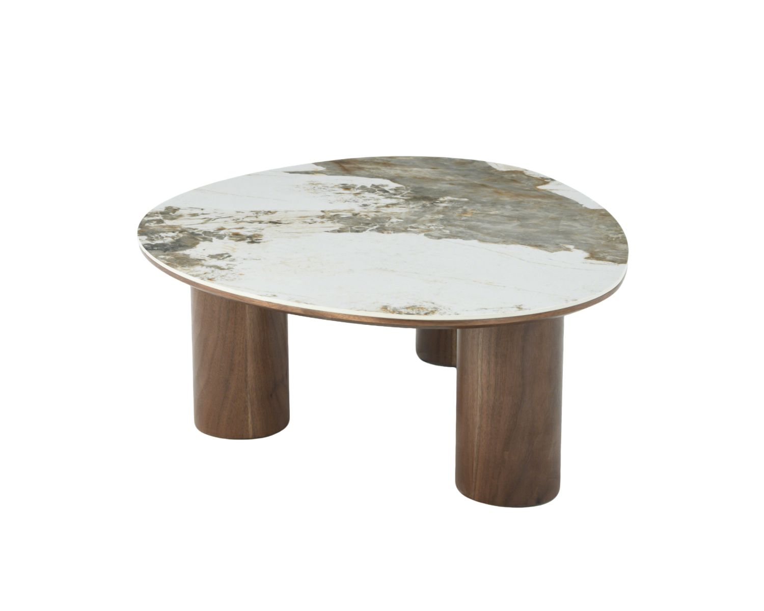 Table basse design forme organique "Oria" plateau céramique et pieds cylindres teinte noyer