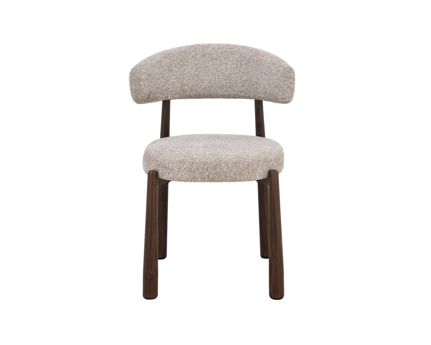 Lot de 2 chaises enveloppantes esprit rétro-contemporain “Arlo” en tissu tramé beige et marron, pieds aspect noyer