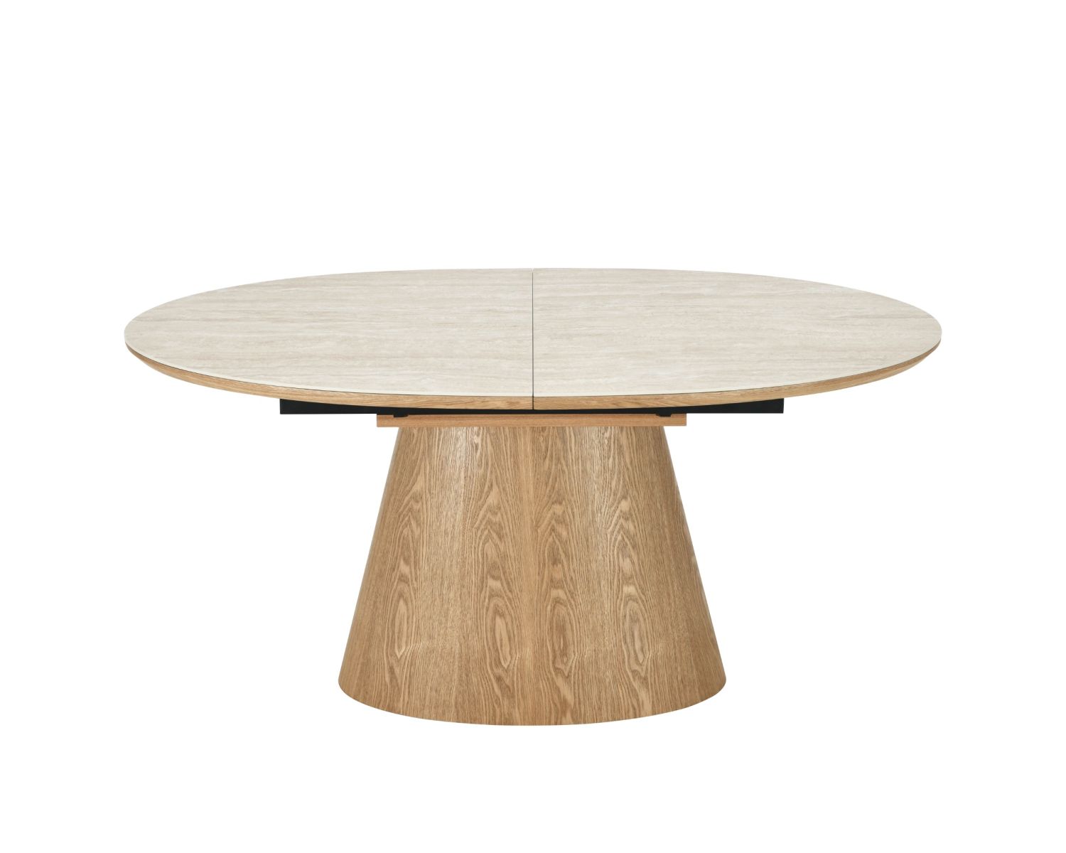 Table de repas extensible 160-200 cm plateau céramique effet travertin "Oria" piètement aspect chêne clair