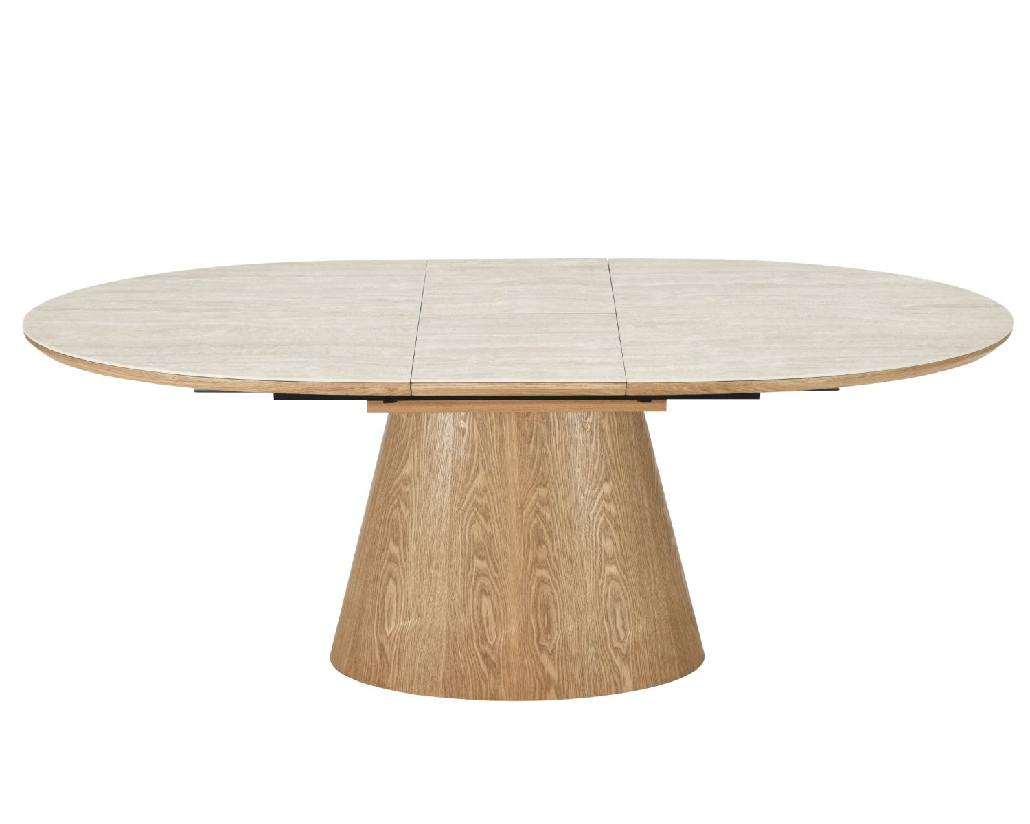 Table de repas extensible 160-200 cm plateau céramique effet travertin "Oria" piètement aspect chêne clair