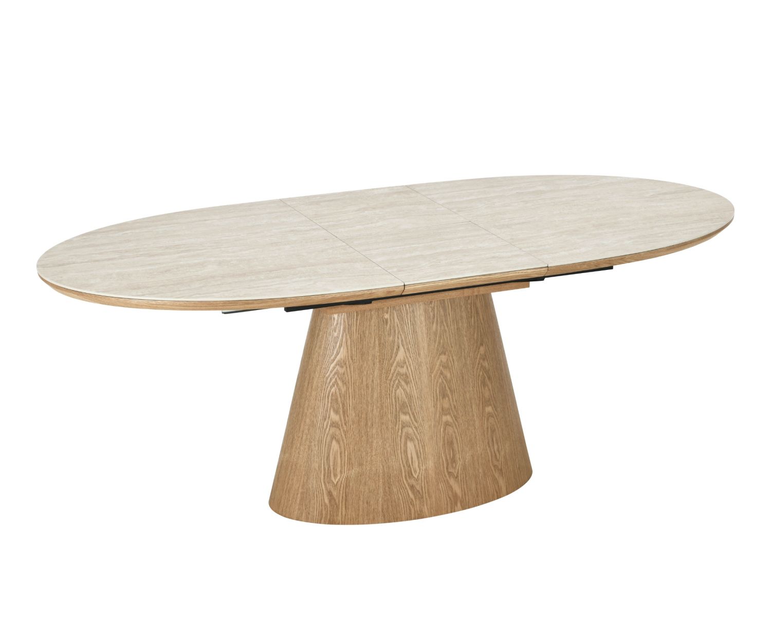 Table de repas extensible 160-200 cm plateau céramique effet travertin "Oria" piètement aspect chêne clair