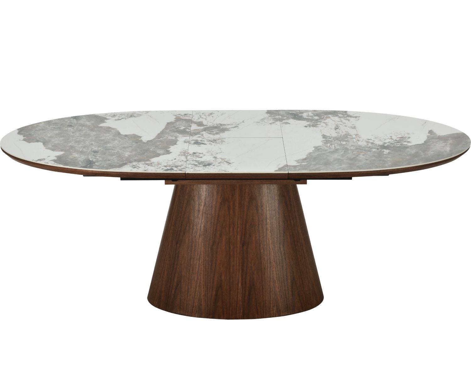 Table de repas extensible 160-200 cm plateau céramique effet pierre naturelle "Oria" piètement aspect noyer
