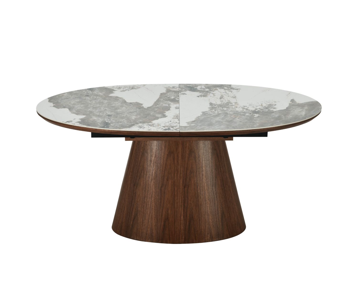 Table de repas extensible 160-200 cm plateau céramique effet pierre naturelle "Oria" piètement aspect noyer