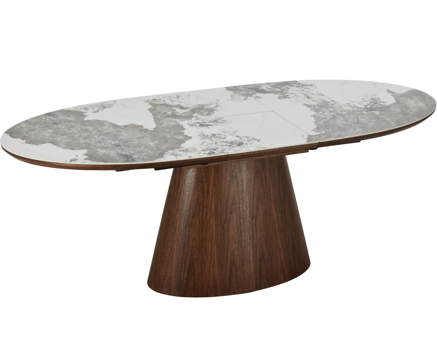 Table de repas extensible 160-200 cm plateau céramique effet pierre naturelle "Oria" piètement aspect noyer